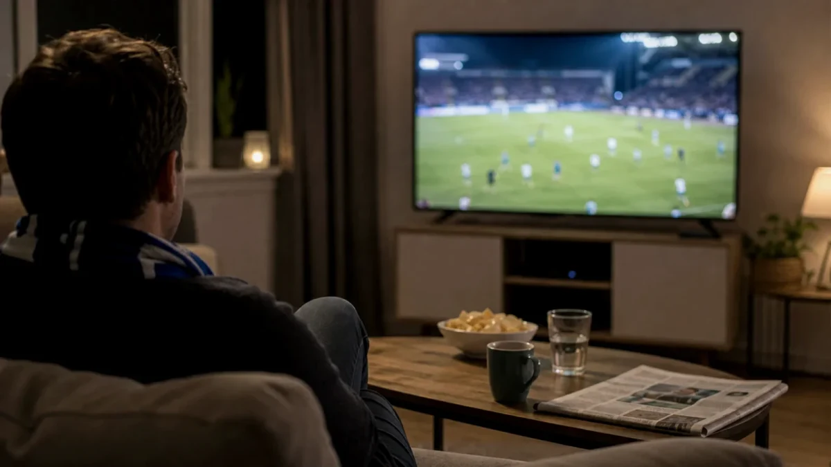 Fotbollsarena med strålkastare inför TV-sänd match